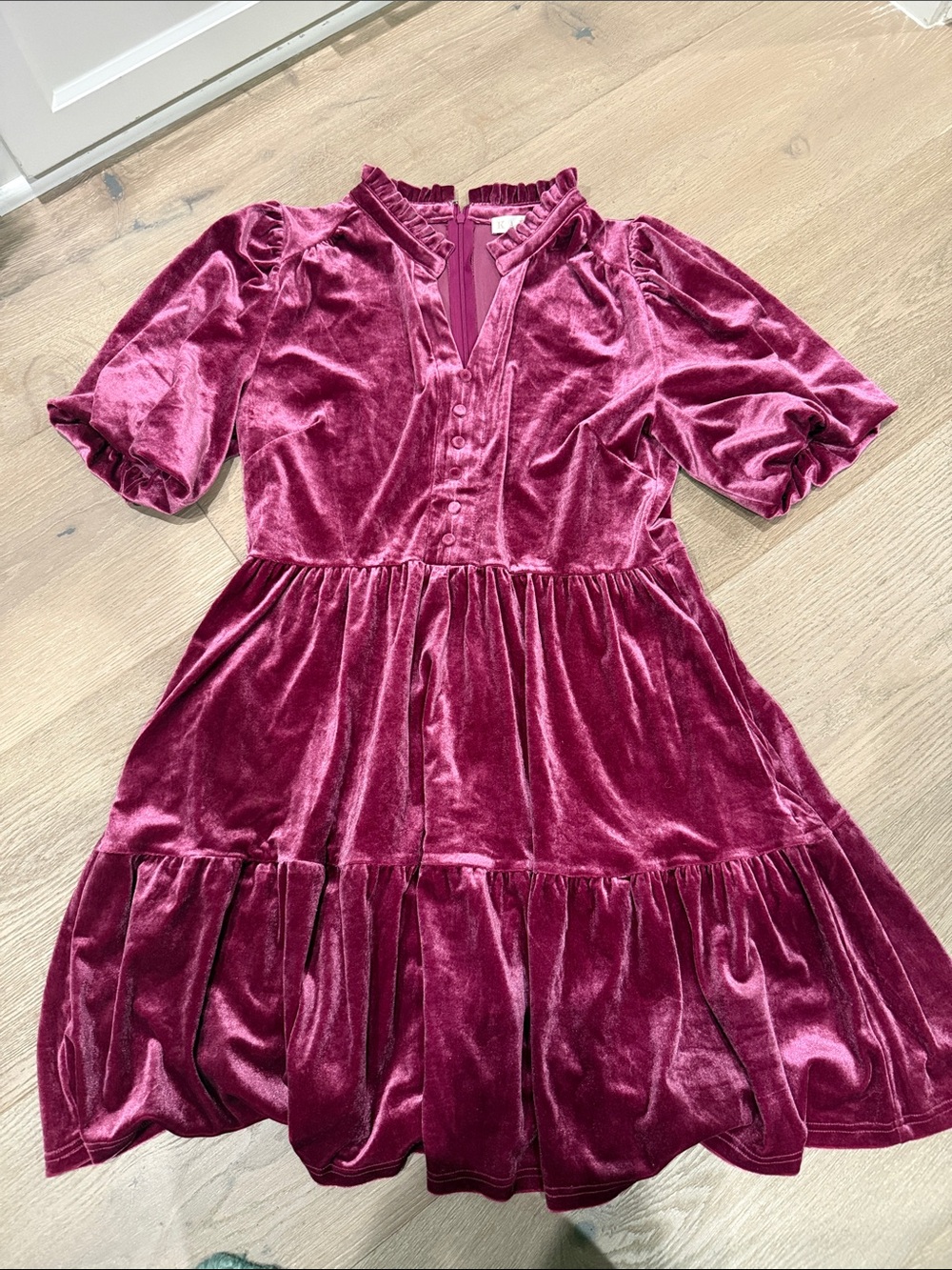 Karlie Velvet Ruffled Tiered Dress in Wine